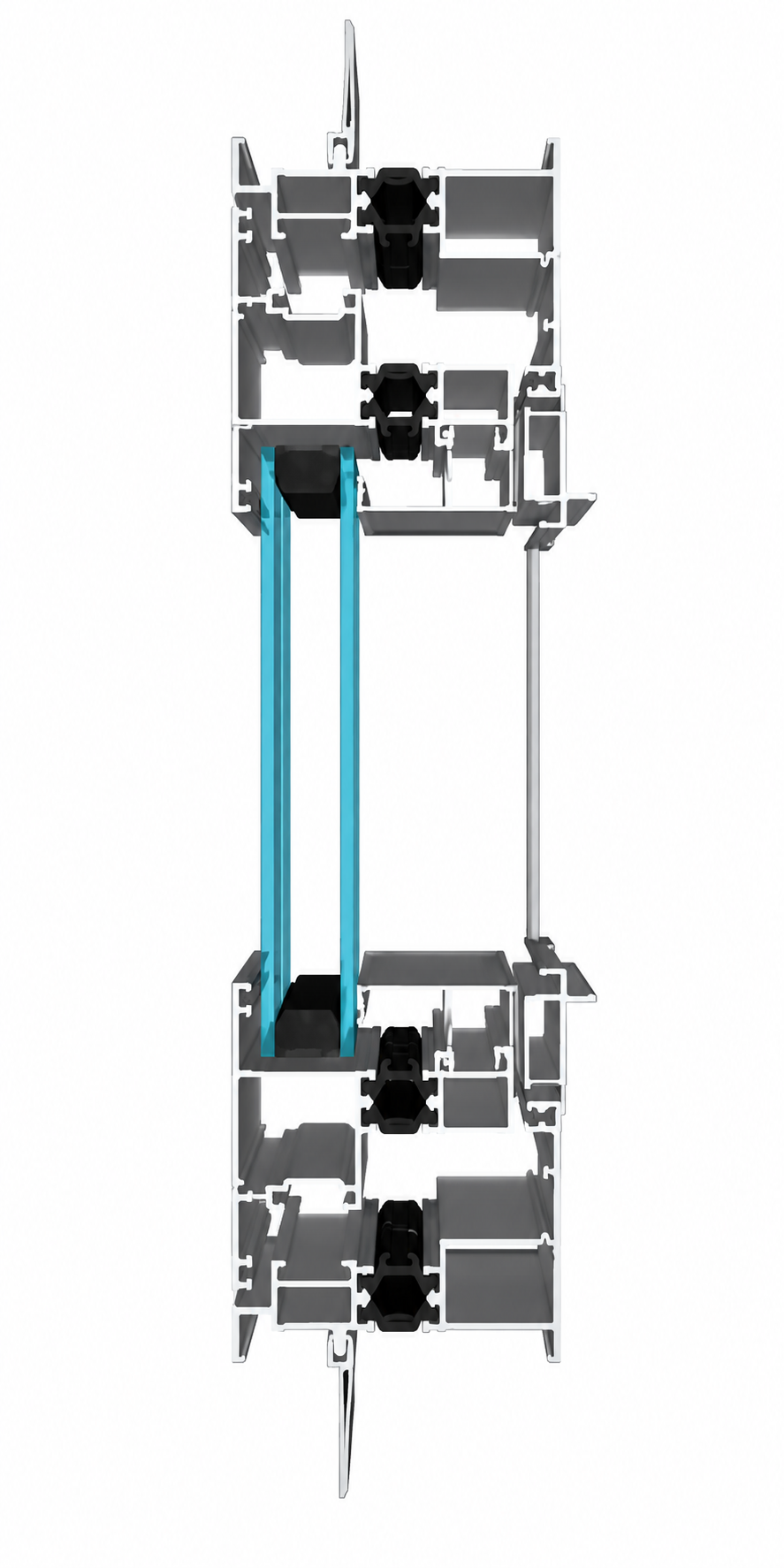 Cut-away of the casement window: vinyl frame chambers, double-pane glass, seals and screen